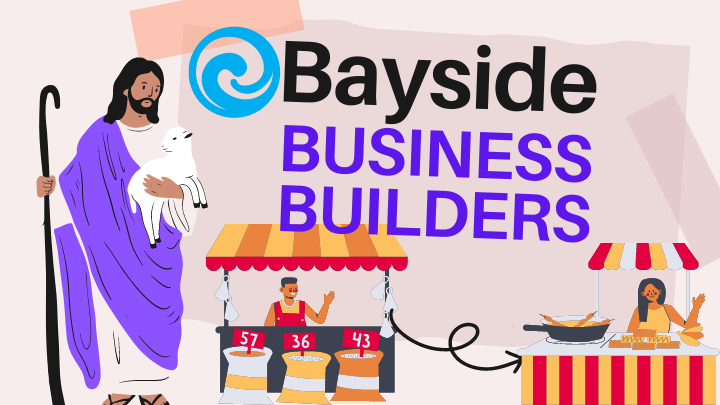 Bayside Business Builders artwork showing Jesus as a shepherd beside a colorful marketplace